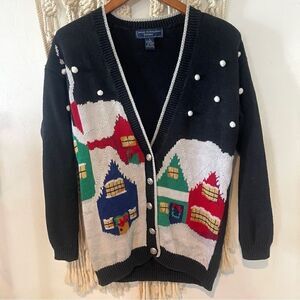 VNTG Christmas Sweater Knit Cardigan SZ Small Snow House Detail Ugly Holiday